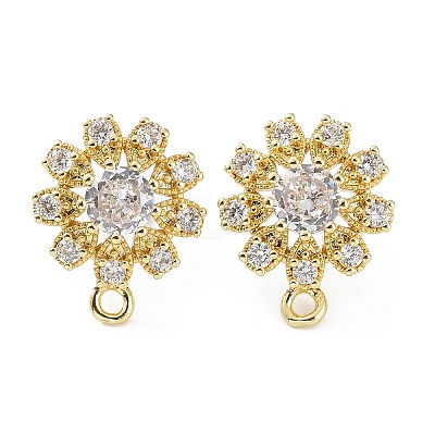 Hollow Flower Brass Micro Pave Cubic Zirconia Stud Earrings Finding KK-E083-07G-1