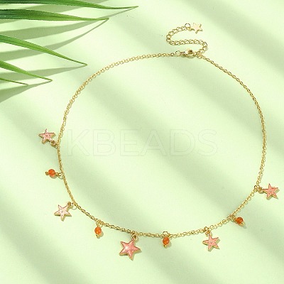 Natural Agate Round & Alloy Enamel Star Charms Bib Necklace with 304 Stainless Steel Chains NJEW-JN04404-01-1