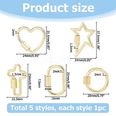 5Pcs 5 Styles Brass Screw Carabiner Lock Charms KK-HS0015-15-1