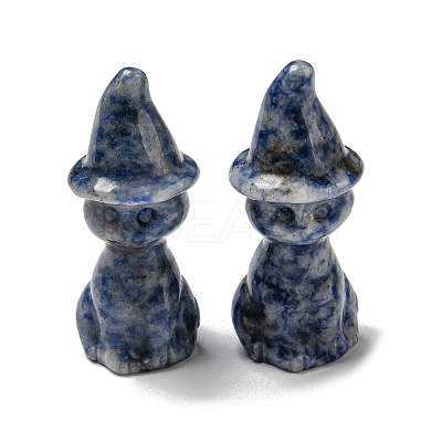 Natural Blue Spot Jasper Carved Healing Cat with Witch Hat Figurines DJEW-D012-07D-1