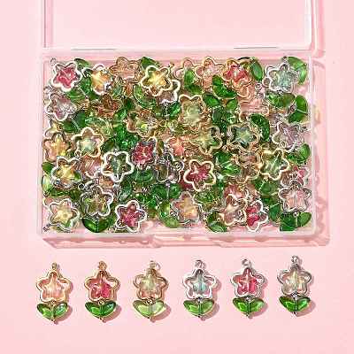70Pcs 2 Styles 7 Colors Flower Brass Glass Pendants PALLOY-FS00057-1