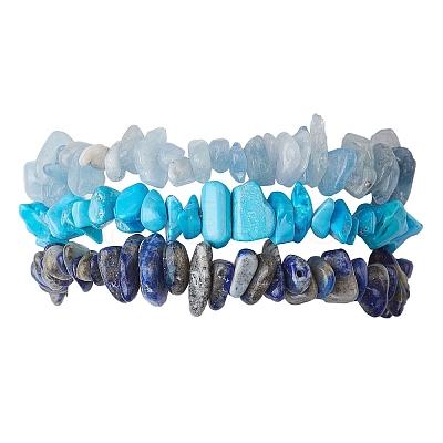 3Pcs Natural Aquamarine & Natural Lapis Lazuli & Synthetic Turquoise Chip Beaded Stretch Bracelet Sets BJEW-JB10861-1