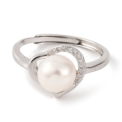 Heart Plated 925 Sterling Silver Clear Cubic Zirconia Adjustable Rings RJEW-C110-05P-1