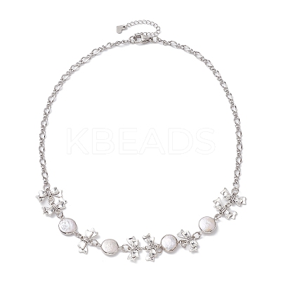 Flat Round Pearl with Bowknot Alloy Link Necklaces NJEW-JN04812-1