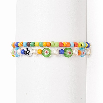 2Pcs 2 Style Natural Pearl & Lampwork Flower & Glass Seed Beaded Stretch Bracelets Set for Women BJEW-JB09101-1