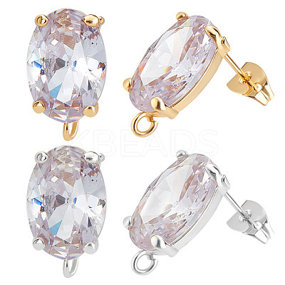 6 Pairs 2 Colors Brass Micro Pave Clear Cubic Zirconia Oval Stud Earring Findings KK-BBC0007-30-1