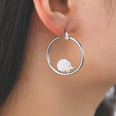 Non-Tarnish 304 Stainless Steel Hedgehog Beaded Hoop Earrings EJEW-F320-02P-1