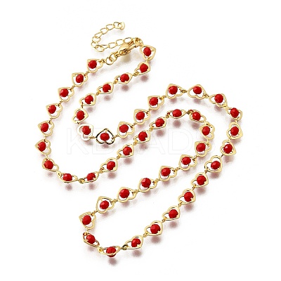 Brass & Red Faceted Glass Heart Link Chain Necklaces for Women NJEW-D314-05G-1
