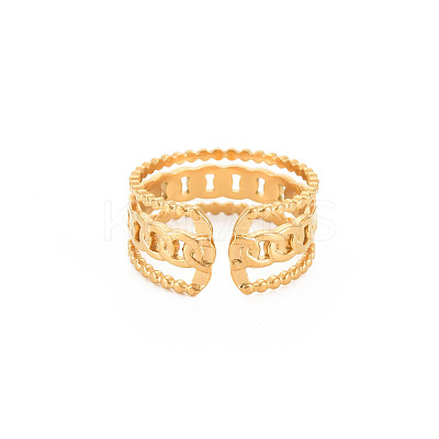 Ion Plating(IP) 304 Stainless Steel Curb Chain Shape Open Cuff Ring for Women RJEW-S405-228G-1