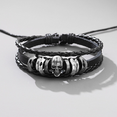 Cowhide & PU Leather Braided Triple Layer Multi-strand Bracelet PW-WG64555-01-1