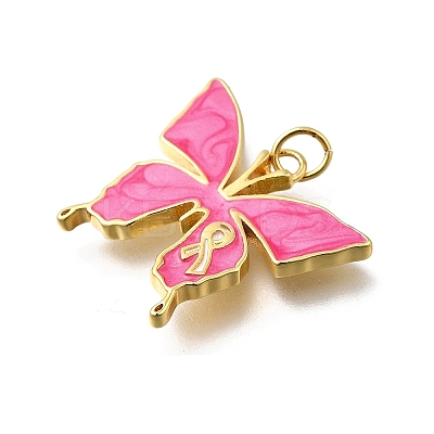 October Breast Cancer Pink Awareness Ribbon Brass Enamel Pendants KK-G525-10G-01-1