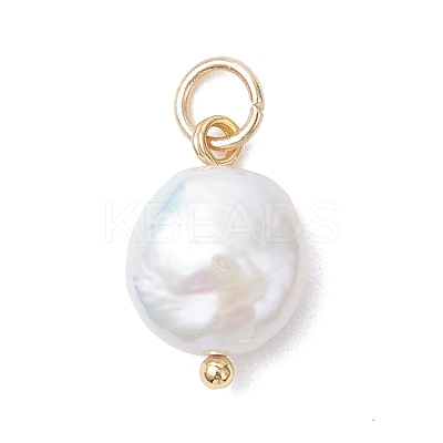 Natural Baroque Keshi Pearl Flat Round Charms with Brass and 304 Stainless Steel Findings PALLOY-JF04915-1