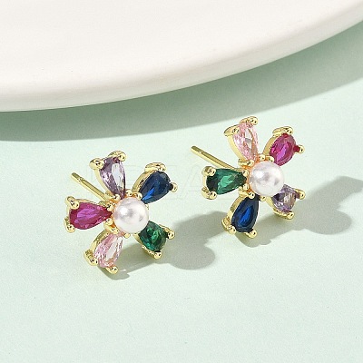 Flower Brass Cubic Zirconia Stud Earrings EJEW-P336-06G-01-1