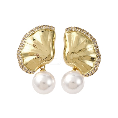 Brass Micro Pave Clear Cubic Zirconia Leaf Stud Earrings EJEW-H165-03A-G-1