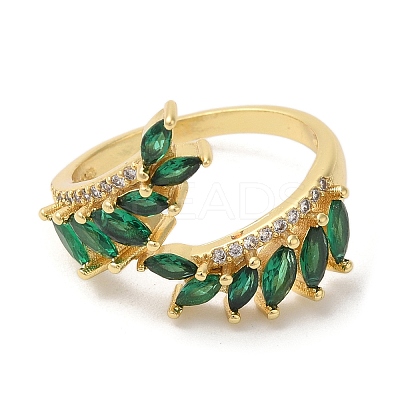 Leaf Brass Micro Pave Cubic Zirconia Open Cuff Rings RJEW-U008-05A-G-1