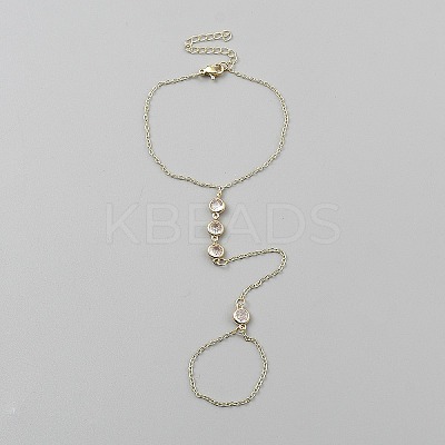 304 Stainless Steel Rhinestone Flat Round Link Finger Ring Bracelets for Women BJEW-WH20014-01G-1