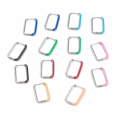 Two Tone 304 Stainless Steel Rectangle Huggie Hoop Earrings with Enamel for Women EJEW-C010-10-P-1