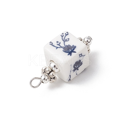 Blue and White Floral Printed Cube Porcelain Pendants PALLOY-JF03965-01-1