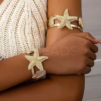 2Pcs 2 Styles  Starfish Alloy Arm Cuff Bangles for Girl Women BJEW-CY0001-05G-1