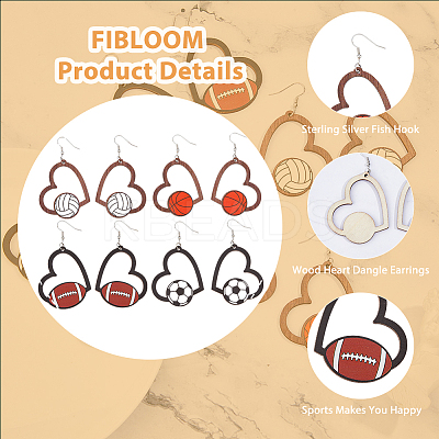 4 Pairs 4 Styles Sport Theme Wood Heart Dangle Earrings for Women EJEW-FI0001-55-1