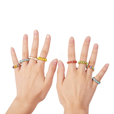 30Pcs 6 Colors Round Glass Seed Beaded Finger Rings RJEW-SZ0001-01-1