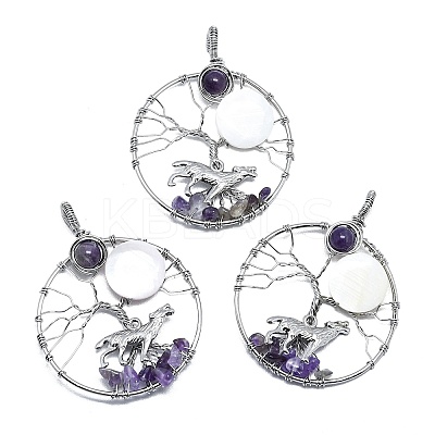 Natural Amethyst and White Shell Copper Wire Wrapped Big Pendants G-K404-01P-1