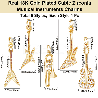 5pcs 5 style Rack Plating Brass Micro Pave Clear Cubic Zirconia Musical Instrument Pendants KK-BBC0012-92-1