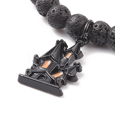 Natural Lava Rock Round Beaded Stretch Bracelet with Enamel Halloween Charms BJEW-JB08331-1