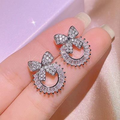 Bowknot & Ring Alloy Clear Cubic Zirconia Pendant Necklace & Stud Earring & Cuff Ring Sets FS-WG09EB0-01-1