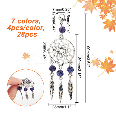 28Pcs 7 Colors Dyed Natural Lava Rock & Tibetan Style Alloy Pendant Decorations HJEW-AB00410-1