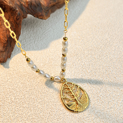 304 Stainless Steel & Plastic Pearl Teardrop with Tree Pendant Necklaces for Women NJEW-U051-01G-1