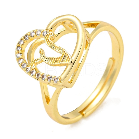 Heart with Letter Rack Plating Brass Micro Pave Cubic Zirconia Adjustable Rings for Women RJEW-I105-06G-V-1