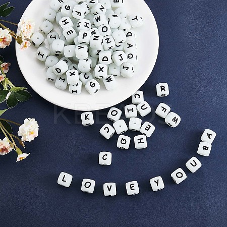 20Pcs Luminous Cube Letter Silicone Beads 12x12x12mm Square Dice Alphabet Beads with 2mm Hole Spacer Loose Letter Beads for Bracelet Necklace Jewelry Making JX437V-1