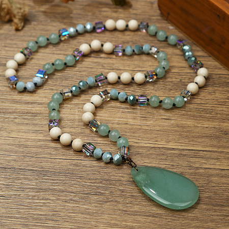 Natural Green Aventurine Flat Teardrop Pendant Round Gems and Cube Glass Beaded Long Necklaces for Women FS-WG9FE58-02-1