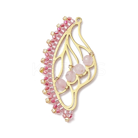 Faceted Round Natural Rose Quartz & Glass Seed Bead Pendants PALLOY-MZ00219-1