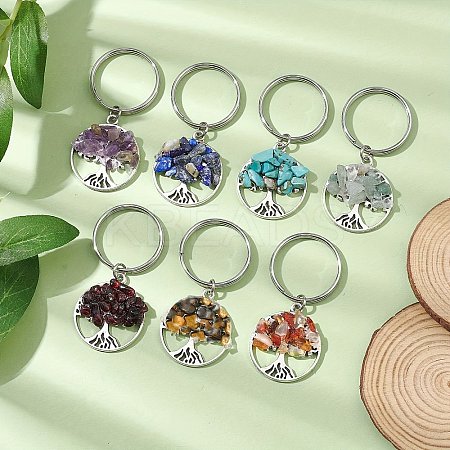 7Pcs Natural & Synthetic Mixed Stone Tree of Life Keychains KEYC-JKC01369-1