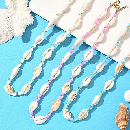 3Pcs 3 Colors Natural Cowrie Shell & Glass Seed Beaded Beaded Necklaces NJEW-JN05331-1