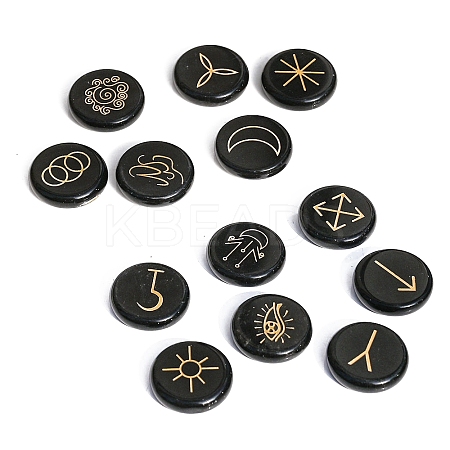 13Pcs 13 Styles Flat Round Natural Obsidian Rune Stones PW-WG15937-06-1