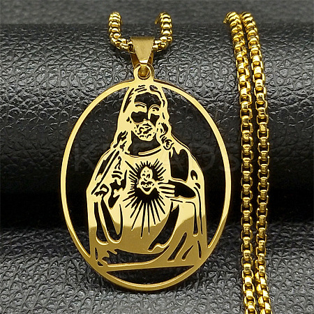 201 Stainless Steel Oval with Hollow Juses Pendant Necklaces LS-NJEW-K283-05G-1