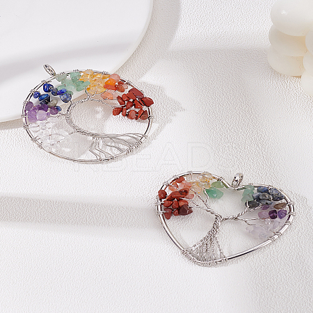 2Pcs 2 Styles Natural Mixed Stone Chip Tree of Life Big Pendants FIND-LP0003-10-1