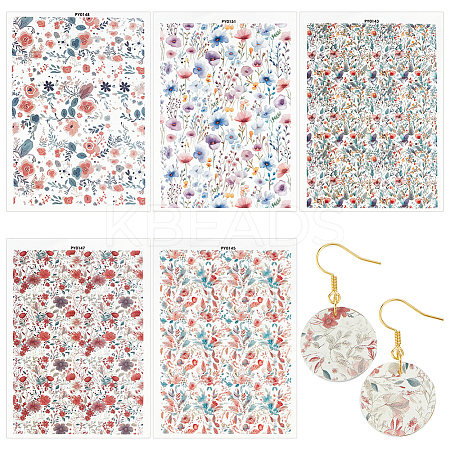 5Pcs 5 Styles Flower Pattern Ceramics Clay Water Transfer Paper STIC-UN0001-02-1