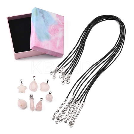 DIY Natural Rose Quartz Pendants & Waxed Cord Necklaces Making Kits DIY-FS0008-74-1