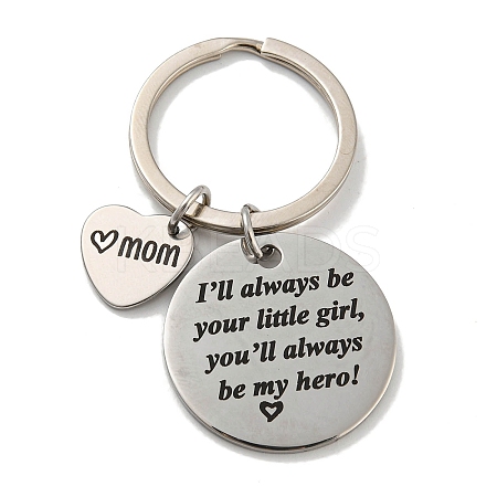 1Pc Mother's Day Gift 201 Stainless Steel Flat Round/Rhombus/Rectangle with Word Keychains KEYC-FS0001-10-1