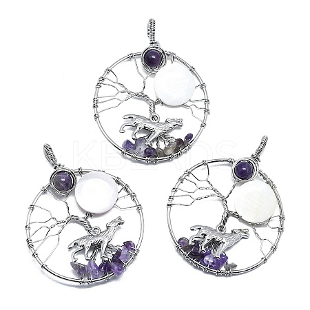 Natural Amethyst and White Shell Copper Wire Wrapped Big Pendants G-K404-01P-1