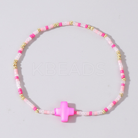 Beach Vacation Style Shell Cross & Glass & Brass Beaded Stretch Bracelets for Women FP3154-4-1