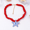 Ocean Polymer Clay Starfish Pendant Red Resin Beaded Necklaces with Alloy End Chains FS-WGFD479-01-1