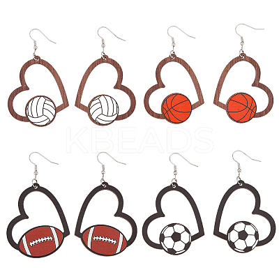 4 Pairs 4 Styles Sport Theme Wood Heart Dangle Earrings for Women EJEW-FI0001-55-1