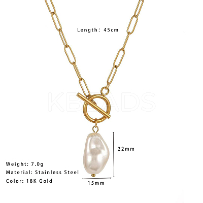 Imitation Pearl Nuggets Pendant Stainless Steel Paperclip Chain OT Necklaces for Women QA2492-1