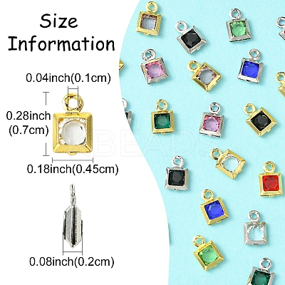 30Pcs 15 Colors Square Rack Plating Brass Glass Charms KK-FS0001-40-1