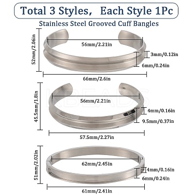 3Pcs 3 Style 304 & 201 Stainless Steel Grooved Bangle Making BJEW-SC0001-16-1